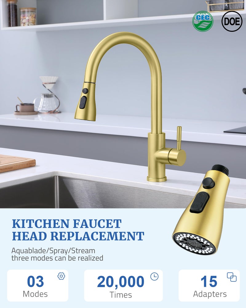 PerPaiMe Kitchen Faucet Sprayer Head Replacement - with 15 Adapters Pull Down Faucet Spray Head, Pull Out Faucet Sprayer Nozzle, 3 Function Kitchen Tap Spray Spout Part Connector, Brushed Gold - Image 5