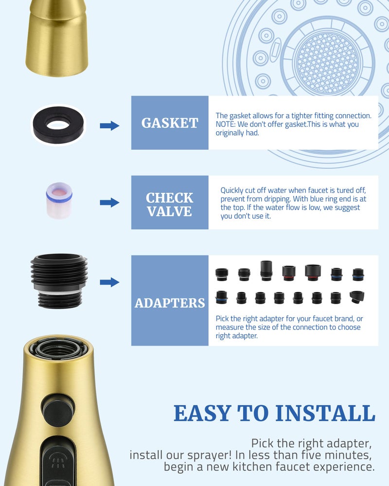 PerPaiMe Kitchen Faucet Sprayer Head Replacement - with 15 Adapters Pull Down Faucet Spray Head, Pull Out Faucet Sprayer Nozzle, 3 Function Kitchen Tap Spray Spout Part Connector, Brushed Gold - Image 3