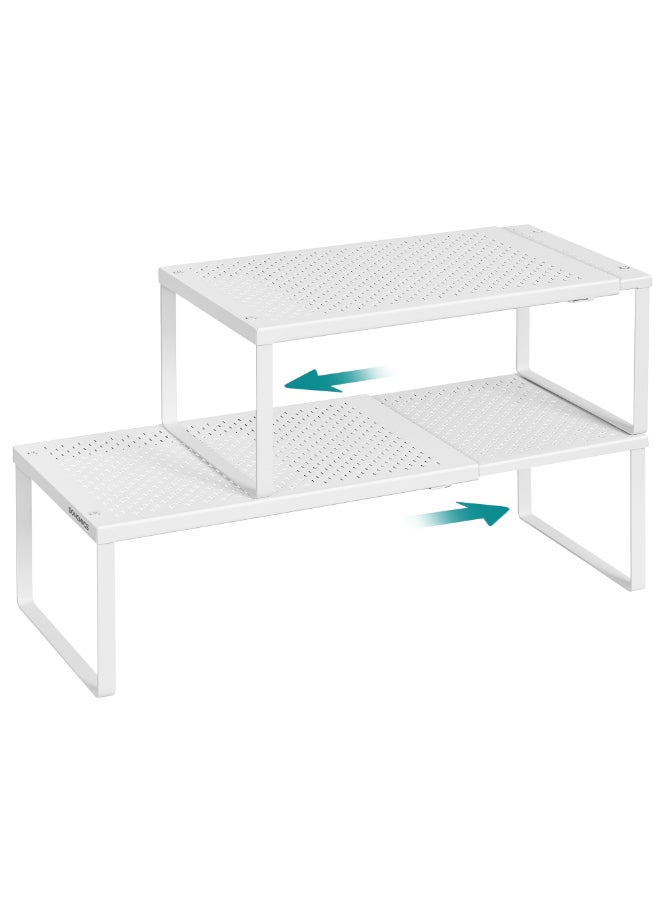 SONGMICS Spice Racks, Extendable Cupboard Organisers, Kitchen Countertop Shelves, Set of 2, Space-Saving Metal Storage, Matte White - Image 1