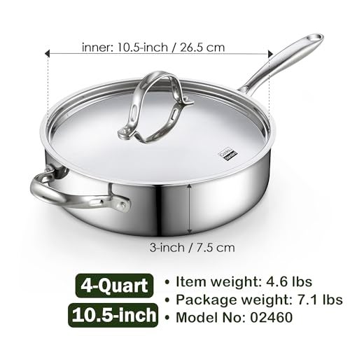 Cooks Standard مقلاة سوتيه من الفولاذ المقاوم للصدأ متعددة الطبقات 10.5 بوصة من كوكستاندرد، مقلاة عميقة سعة 4 لتر مع غطاء، أدوات طهي تعمل بالحث، مقبض بارد للمس - Image 2