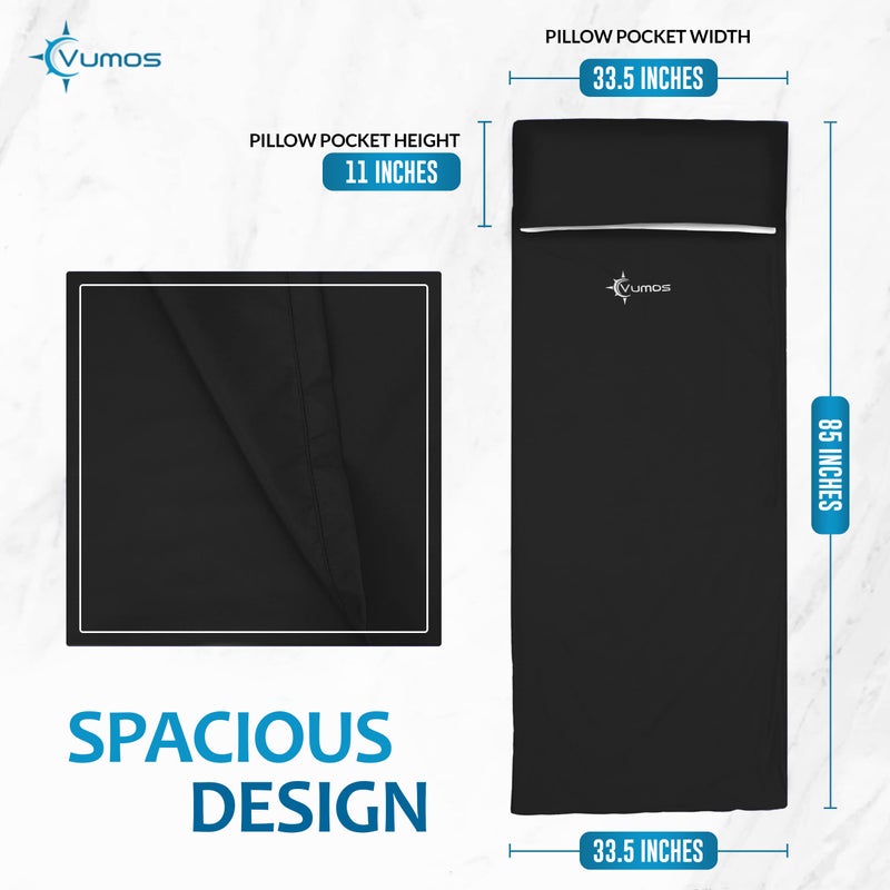 Vumos Sleeping Bag Liner and Camping Sheet - Silk Like Material for Travel - Has Full Length Zipper - Black - Image 3