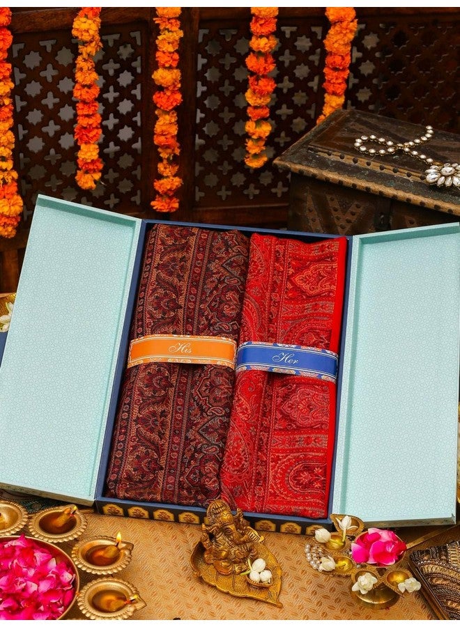 Pashmoda His and Her Gift Set of Jamawar Shawls With Wooden Gift Box - Image 2