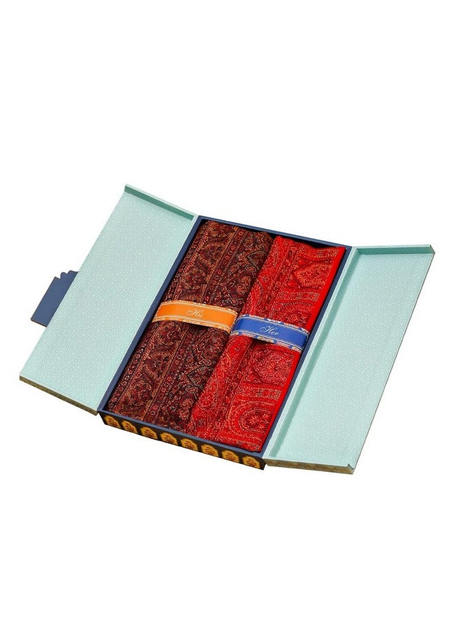 Pashmoda His and Her Gift Set of Jamawar Shawls With Wooden Gift Box - Image 1