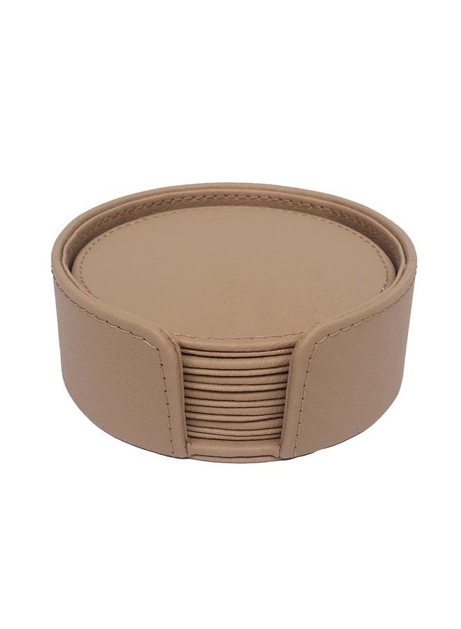 CASA BOTANICAL Hand Crafted Faux Leather Round Shaped Coaster Set of 6 Ideal for Office/Home/Table/Dining/Tea/Coffee (Beige) - Image 5