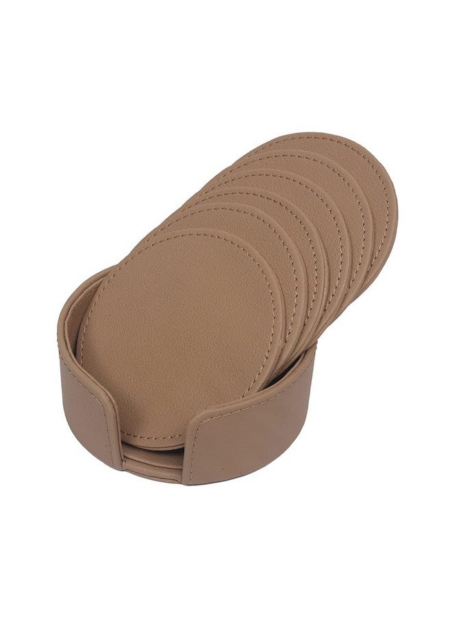 CASA BOTANICAL Hand Crafted Faux Leather Round Shaped Coaster Set of 6 Ideal for Office/Home/Table/Dining/Tea/Coffee (Beige) - Image 2