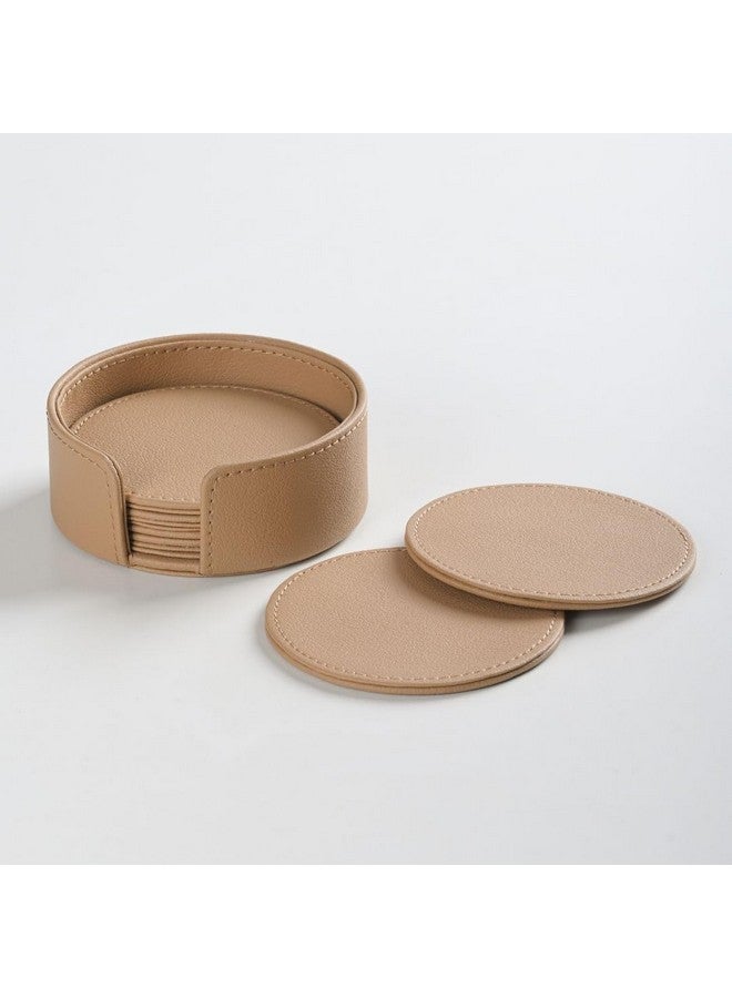 CASA BOTANICAL Hand Crafted Faux Leather Round Shaped Coaster Set of 6 Ideal for Office/Home/Table/Dining/Tea/Coffee (Beige) - Image 3