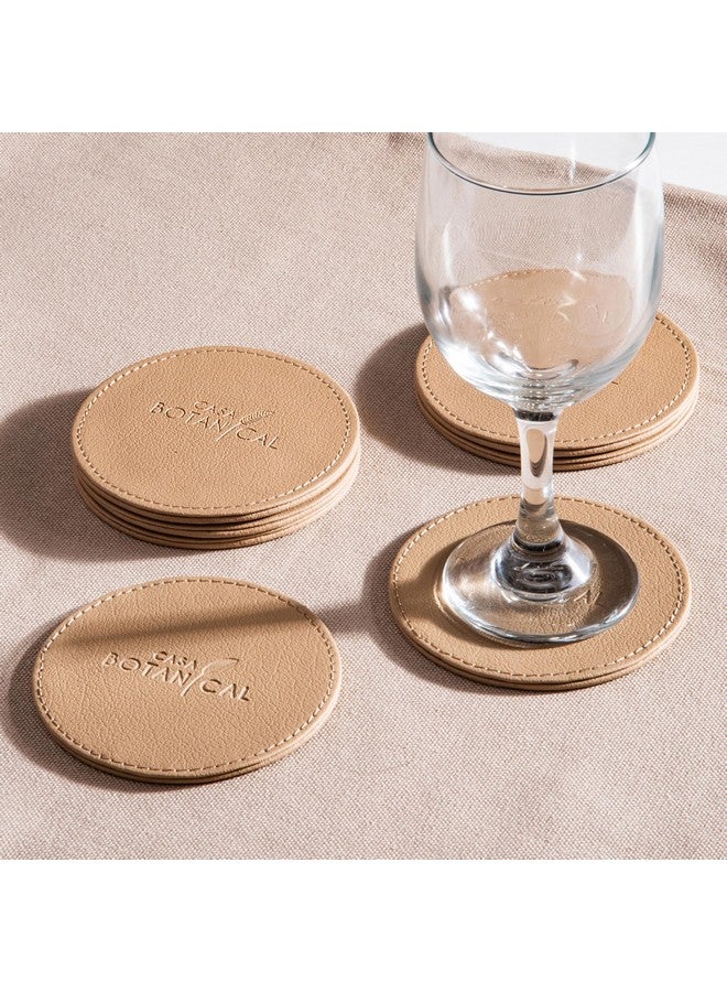 CASA BOTANICAL Hand Crafted Faux Leather Round Shaped Coaster Set of 6 Ideal for Office/Home/Table/Dining/Tea/Coffee (Beige) - Image 1