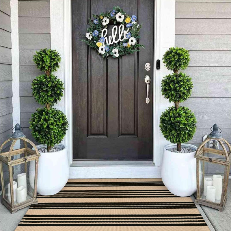 OJIA Outdoor Door Mat 27.5"x43", Black and Tan Outdoor Rugs Cotton Hand-Woven Front Door Rug Machine Washable Door Mats Striped Entry Rug for Front Porch/Farmhouse/Kitchen/Entryway/Outdoor Decor - Image 1