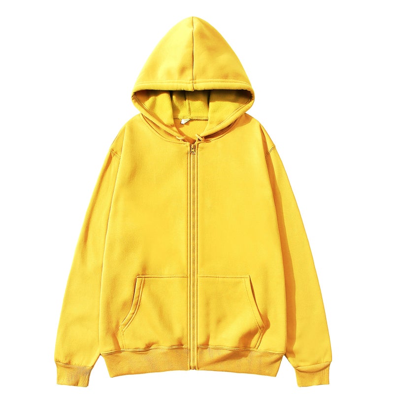 Foreign Trade European and American Autumn and Winter Fleece Loose Tops for Men and Women, Zipper Shirts, Cardigans, Hooded Sweatshirts, Pure Color Sportswear Yellow - Image 1