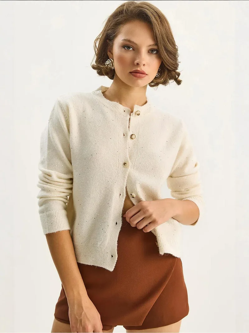 LUCCI Textured Ribbed Cardigan with Sequin Detail