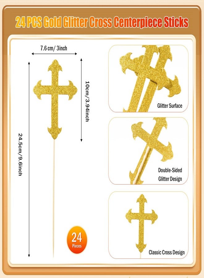 MixTeach 24 Pieces Gold Glitter Cross Centerpiece Sticks for Tables, Double Side Shiny Baptism Party Table Toppers for Religious Christening God Bless Baby Shower Wedding Birthday Party Decoration - Image 2