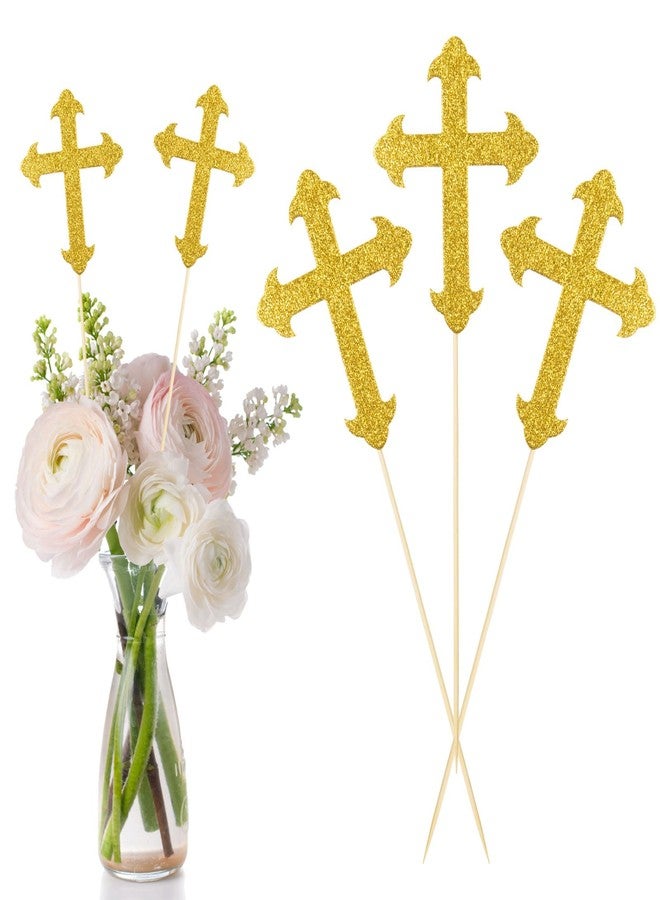 MixTeach 24 Pieces Gold Glitter Cross Centerpiece Sticks for Tables, Double Side Shiny Baptism Party Table Toppers for Religious Christening God Bless Baby Shower Wedding Birthday Party Decoration - Image 1