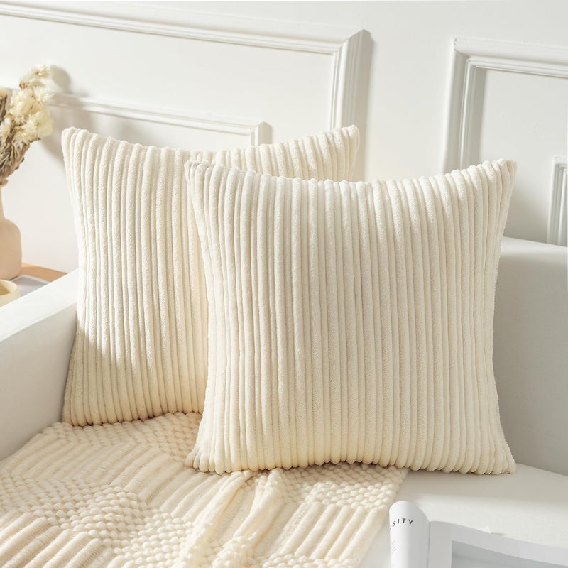 Kevin Textile Pack of 2 Corduroy Soft Soild Decorative Square Throw Pillow Covers Set Cushion Cases for Sofa Bedroom Car 18 x 18 Inch 45 x 45 cm Creamy White