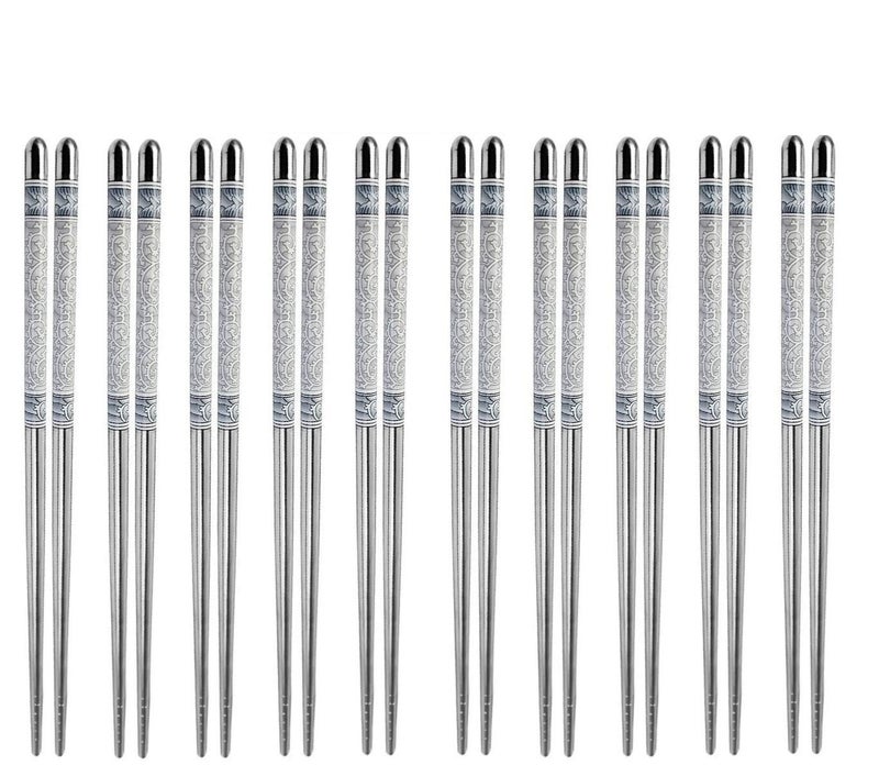 eS³kube Stainless Steel Reusable Designer Printed Round Chopsticks, Set of 10 Pairs, Approx 22 cm Each - Random Design - Image 1