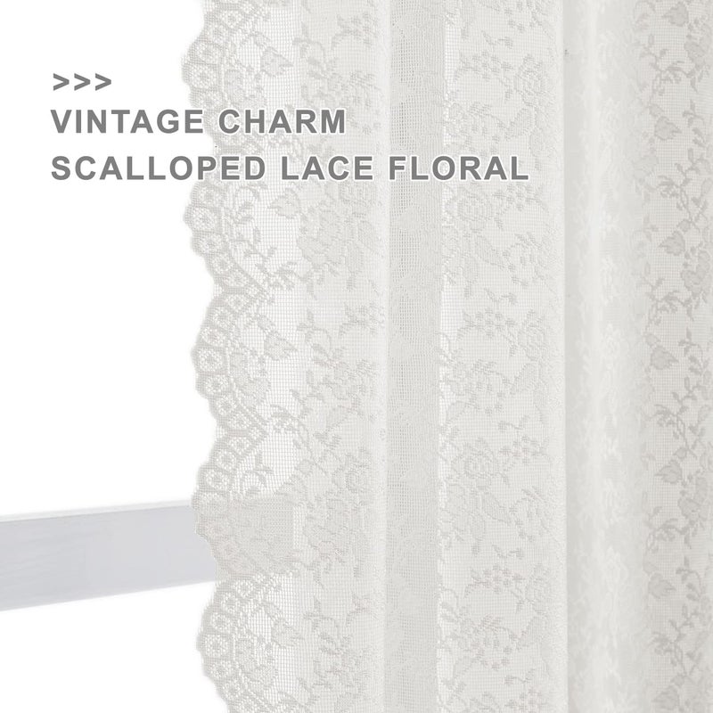 Finecity Lace Tier Curtains 36 Inch Length - Vintage Rose Floral Farmhouse Lace Kitchen Curtains  Short Lace Cafe Curtains For Small Windows  Scalloped Lace Curtains  W25 X L36 Inch  2 Panels  Ivory - Image 3