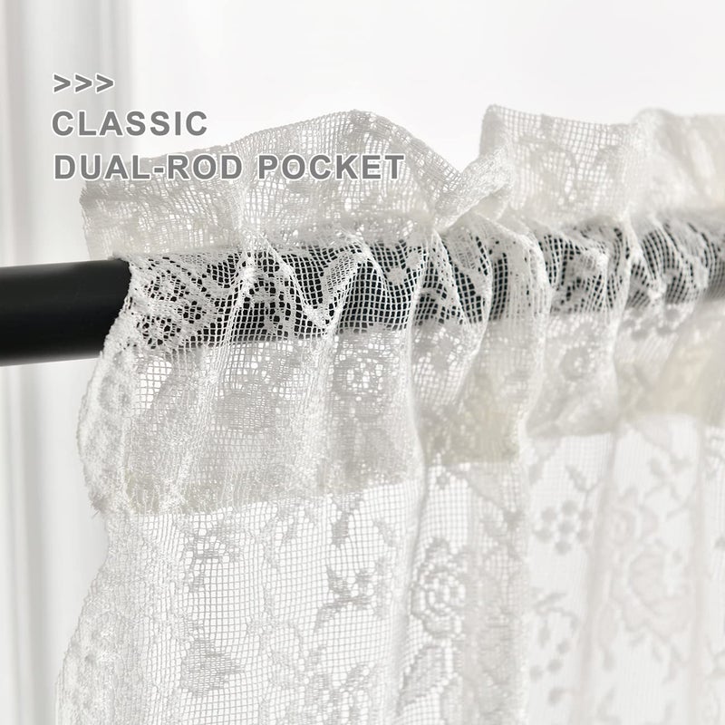 Finecity Lace Tier Curtains 36 Inch Length - Vintage Rose Floral Farmhouse Lace Kitchen Curtains  Short Lace Cafe Curtains For Small Windows  Scalloped Lace Curtains  W25 X L36 Inch  2 Panels  Ivory - Image 2