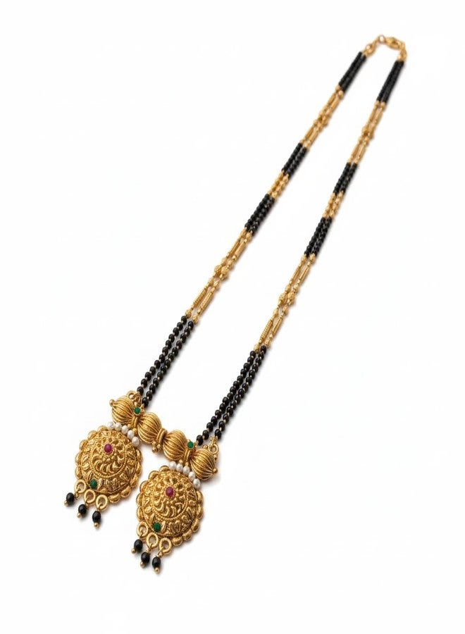 قلادة مانجالسوترا ماهاراشترا التقليدية من AAIKU | سلسلة طويلة مطلية بالذهب مع خرز أسود | قلادة أنيقة من Tanmaniya Nallapusalu للنساء والفتيات (30 بوصة) - Image 1