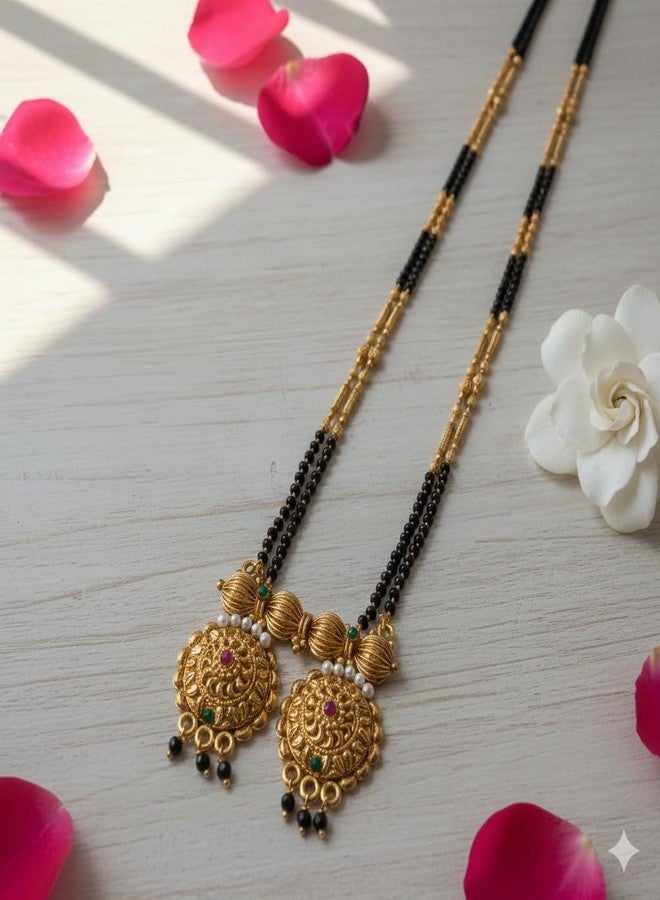 قلادة مانجالسوترا ماهاراشترا التقليدية من AAIKU | سلسلة طويلة مطلية بالذهب مع خرز أسود | قلادة أنيقة من Tanmaniya Nallapusalu للنساء والفتيات (30 بوصة) - Image 4