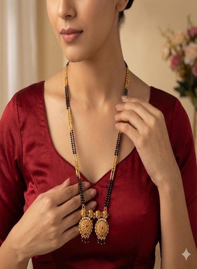 قلادة مانجالسوترا ماهاراشترا التقليدية من AAIKU | سلسلة طويلة مطلية بالذهب مع خرز أسود | قلادة أنيقة من Tanmaniya Nallapusalu للنساء والفتيات (30 بوصة) - Image 5