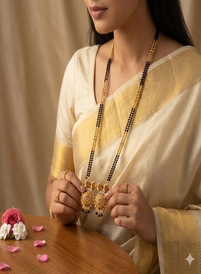 قلادة مانجالسوترا ماهاراشترا التقليدية من AAIKU | سلسلة طويلة مطلية بالذهب مع خرز أسود | قلادة أنيقة من Tanmaniya Nallapusalu للنساء والفتيات (30 بوصة) - Image 2