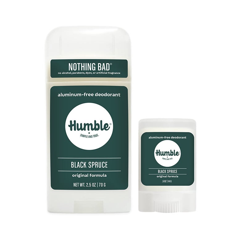 HUMBLE SIMPLE AND TRUE. HUMBLE BRANDS Original Formula Aluminum-free Deodorant. Long Lasting Odor Control with Baking Soda and Essential Oils, Black Spruce, Full & Travel Pack - Image 1