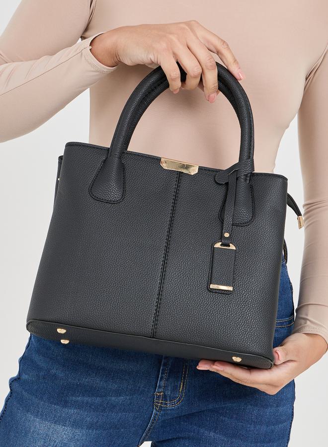 Styli Textured Tote Handbag with Tag Drop and Detachable Strap - Image 3