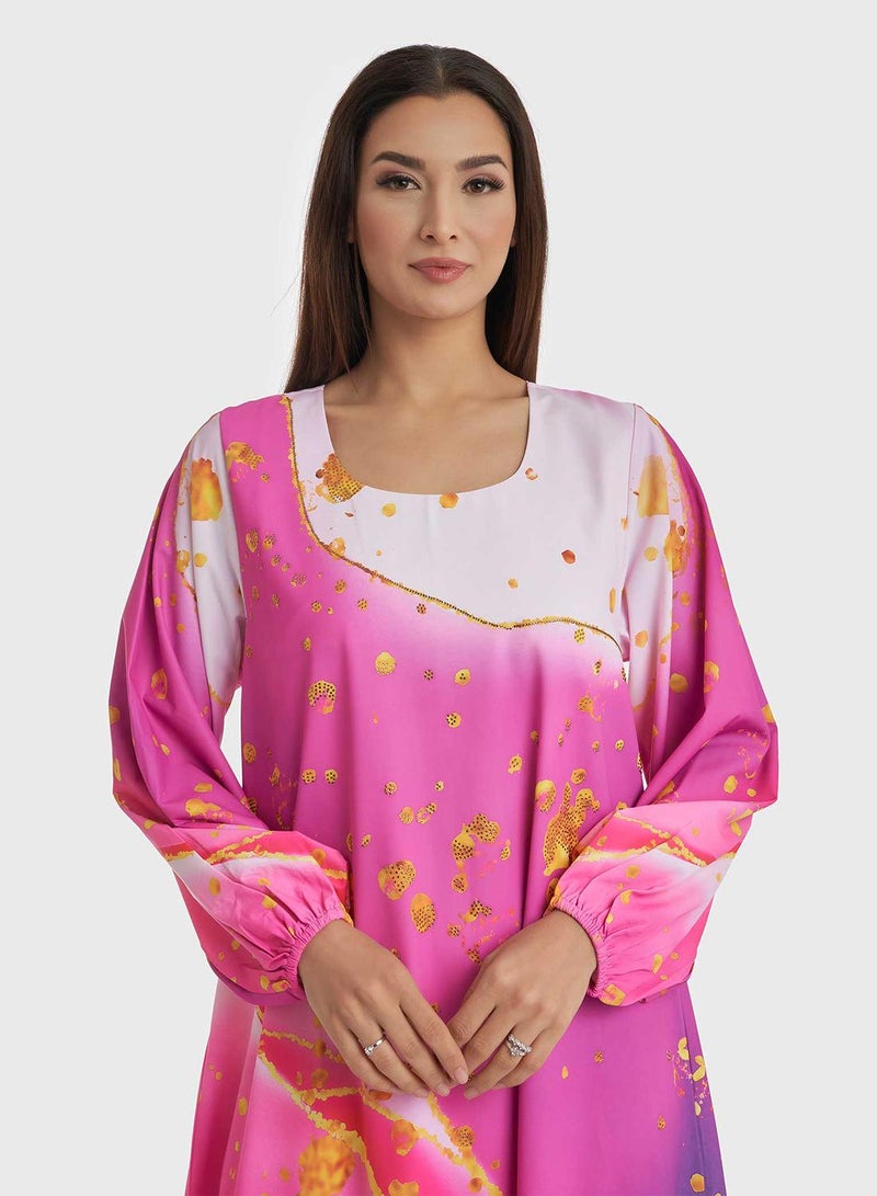 KASHKHA Boat Neck Marble Print Jalabiya with Stone Work - Image 4