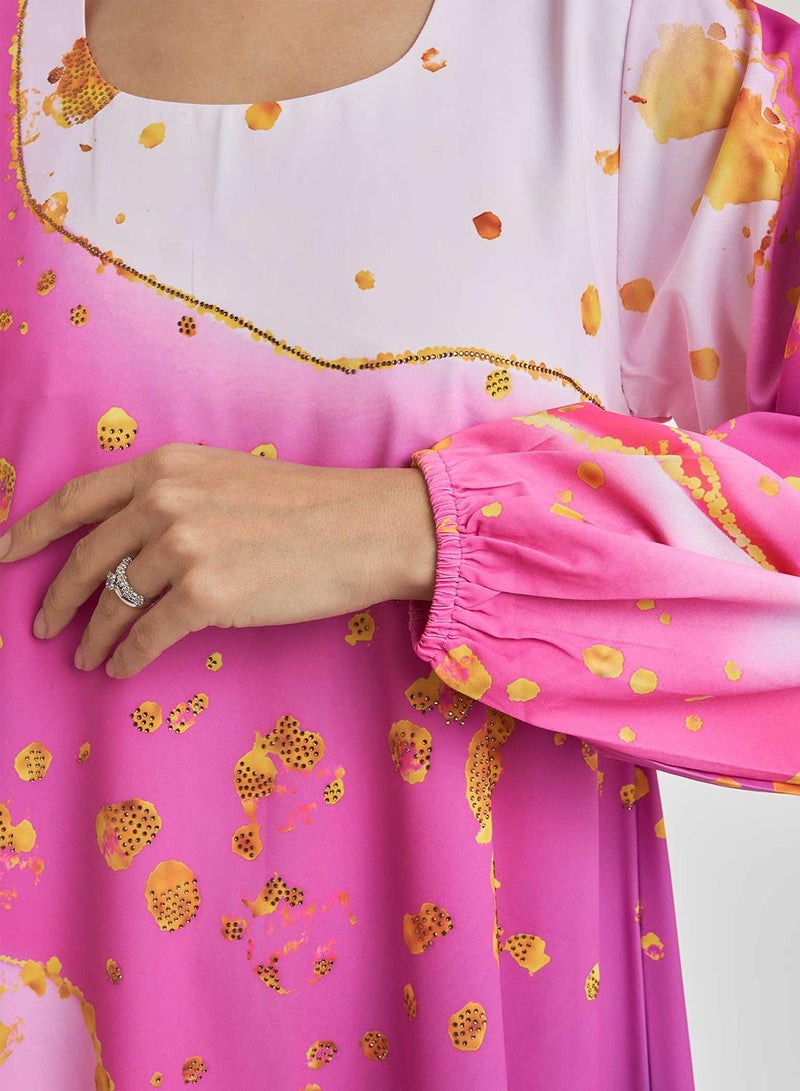 KASHKHA Boat Neck Marble Print Jalabiya with Stone Work - Image 5