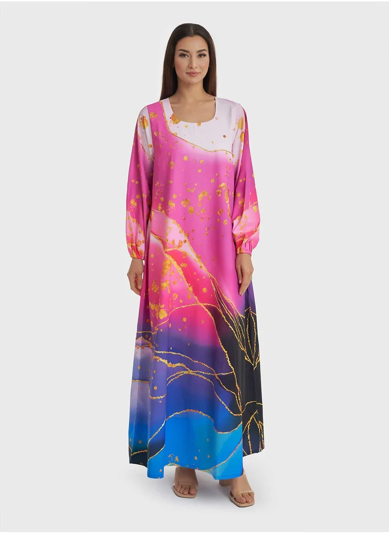 KASHKHA Boat Neck Marble Print Jalabiya with Stone Work