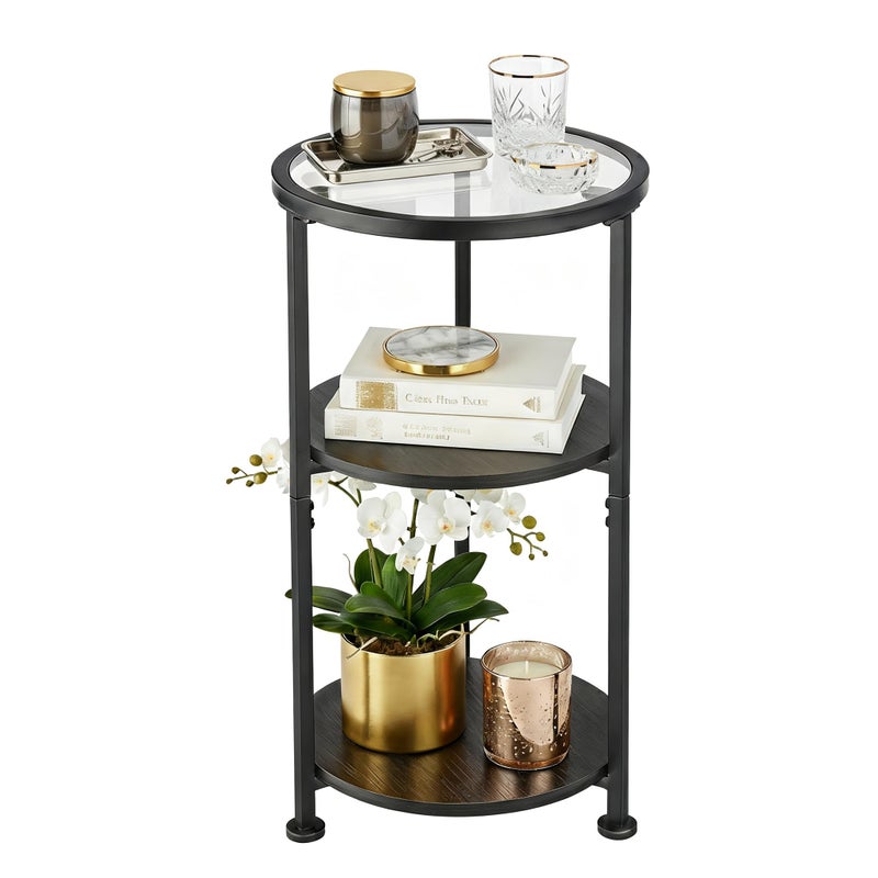 ZEXVIDA Glass Side Table, Tempered Glass Small Round Side Table with 3-Tier Storage Shelves for Small Spaces, Modern Glass Round End Table for Living Room, Bedside Table Nightstand for Bedroom (Black) - Image 1