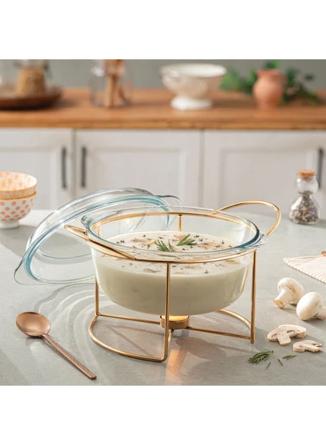 Borcam - Round Soup Warmer with Lid & Handles - 3.15 Lit - Gold Plated Metal & Tempered Glass