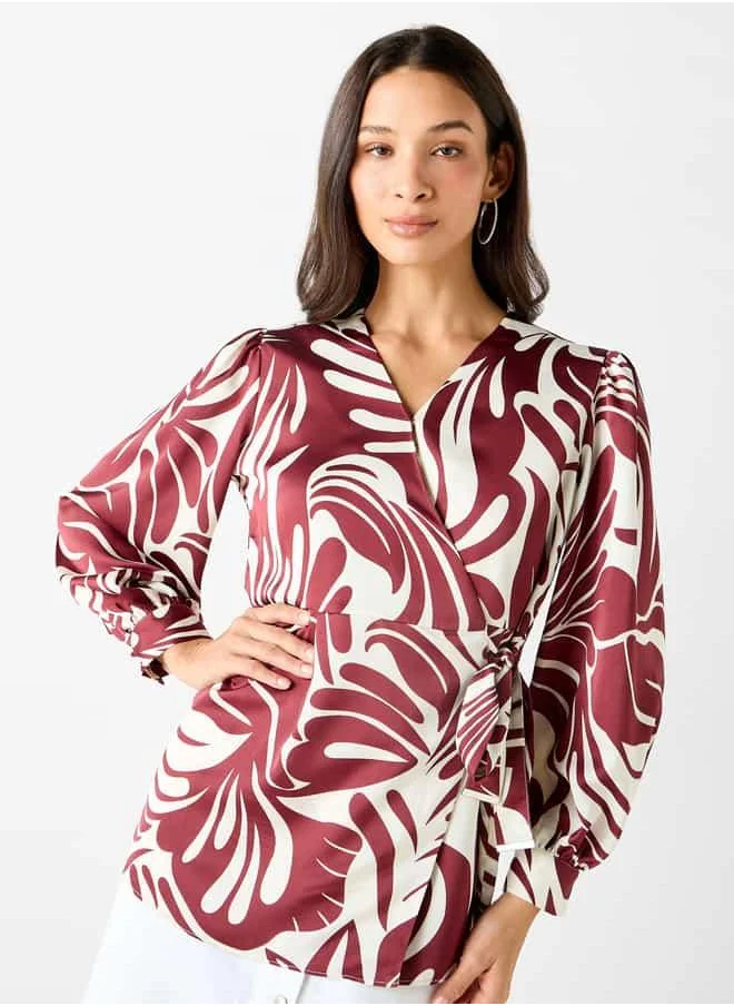 Iconic Iconic All-Over Print Wrap Top with Long Sleeves and Tie-Up Detail