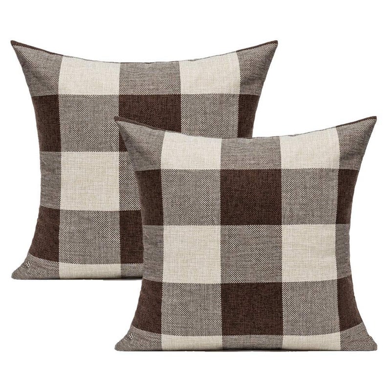 VAKADO Brown Beige Outdoor Farmhouse Buffalo Plaids Decorative Throw Pillow Covers Retro Checked Square Cushion Cases Classic Coffee Check Home Decor for Couch Sofa Patio 18x18 Inch Pack of 2