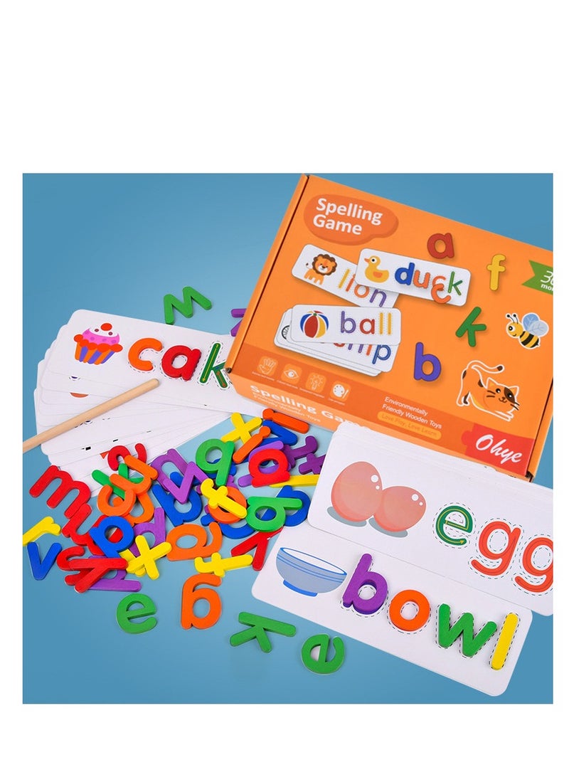 Reading & Spelling Learning Toy, Color Wooden Letters Flash Cards Sight Words Matching ABC Alphabet Recognition Game Preschool Educational Tool Set for 3 4 5 Years Old Boys and Girls Kids. Included 26 Wooden Alphabet and 28 PCS Double-Sided Flash Cards - Image 1