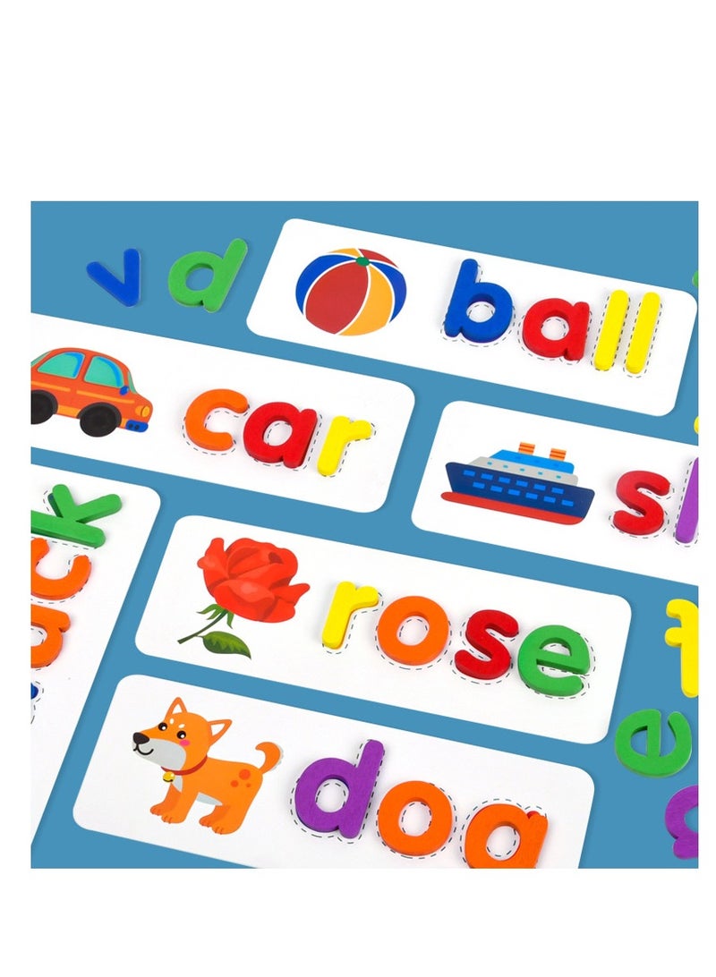 Reading & Spelling Learning Toy, Color Wooden Letters Flash Cards Sight Words Matching ABC Alphabet Recognition Game Preschool Educational Tool Set for 3 4 5 Years Old Boys and Girls Kids. Included 26 Wooden Alphabet and 28 PCS Double-Sided Flash Cards - Image 3