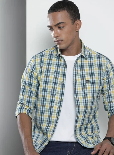شركة المرآب الهندية Men Slim Fit Checkered Full Sleeves Spread Collar Casual Shirt