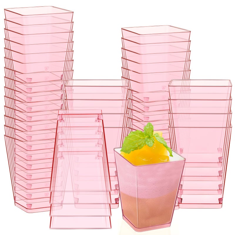 Mifoci 50 Pcs Pink 5 oz Plastic Dessert Cups Appetizer Cups for Parties Mini Square Disposable Dessert Bowls Parfait Bowls for Pudding Fruit Yogurt Ice Cream Mousse - Image 1