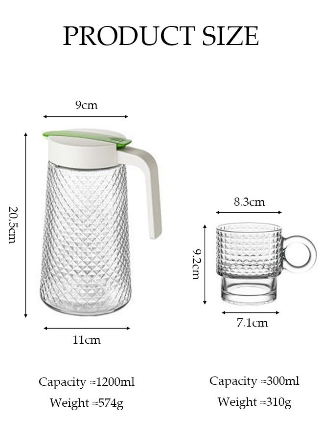 DUNISO Five-Piece Set Of Four Water Cups,Glass Kettle Set, Glass Water Jug ​​Set, Diamond Pattern, Large Capacity With Lid, Heat-Resistant, With Handle, Suitable For Hot/Cold Drinks - Water, Tea, Juice, Sangria, Cocktails, Cold Brew, Milk, Coffee, Etc., Juice Jug  - Image 2