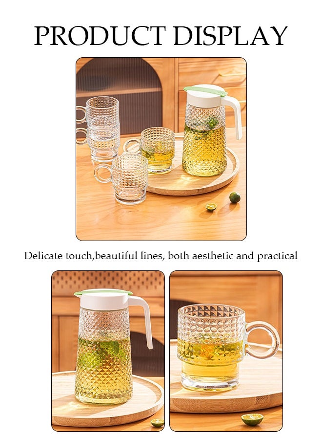 DUNISO - Five-Piece Set Of Four Water Cups,Glass Kettle Set, Glass Water Jug ​​Set, Diamond Pattern, Large Capacity With Lid, Heat-Resistant, With Handle, Suitable For Hot/Cold Drinks - Water, Tea, Juice, Sangria, Cocktails, Cold Brew, Milk, Coffee, Etc., Juice Jug - Image 1