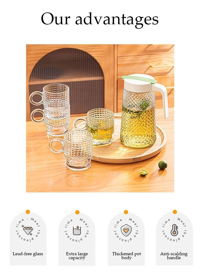 DUNISO Five-Piece Set Of Four Water Cups,Glass Kettle Set, Glass Water Jug ​​Set, Diamond Pattern, Large Capacity With Lid, Heat-Resistant, With Handle, Suitable For Hot/Cold Drinks - Water, Tea, Juice, Sangria, Cocktails, Cold Brew, Milk, Coffee, Etc., Juice Jug  - Image 4