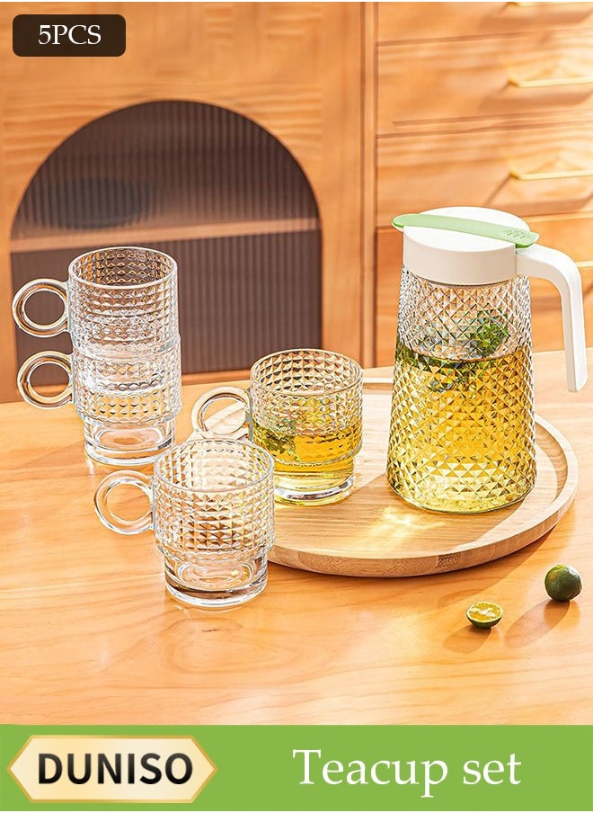 DUNISO Five-Piece Set Of Four Water Cups,Glass Kettle Set, Glass Water Jug ​​Set, Diamond Pattern, Large Capacity With Lid, Heat-Resistant, With Handle, Suitable For Hot/Cold Drinks - Water, Tea, Juice, Sangria, Cocktails, Cold Brew, Milk, Coffee, Etc., Juice Jug  - Image 1