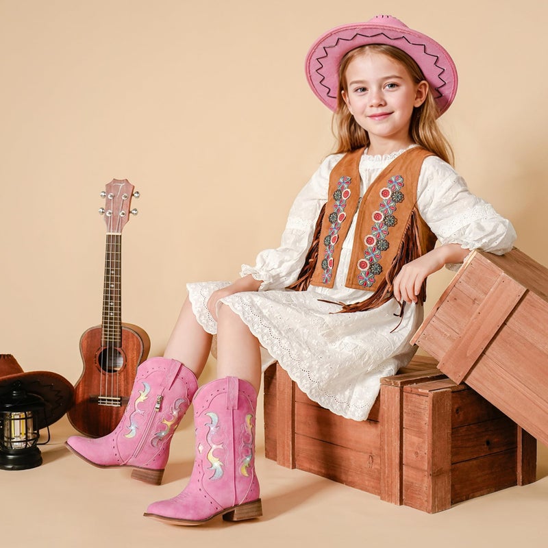 LAURMOSA Girls Cowgirl Boots Pink for Kids Dress Sparkly Little Girls Zipper Cowgirl Boots Size 1 Square Toe Kids Old West Cowboy Horse Riding Shoes Cowboy Party(L1050FuchsiaRainbow 1) - Image 3