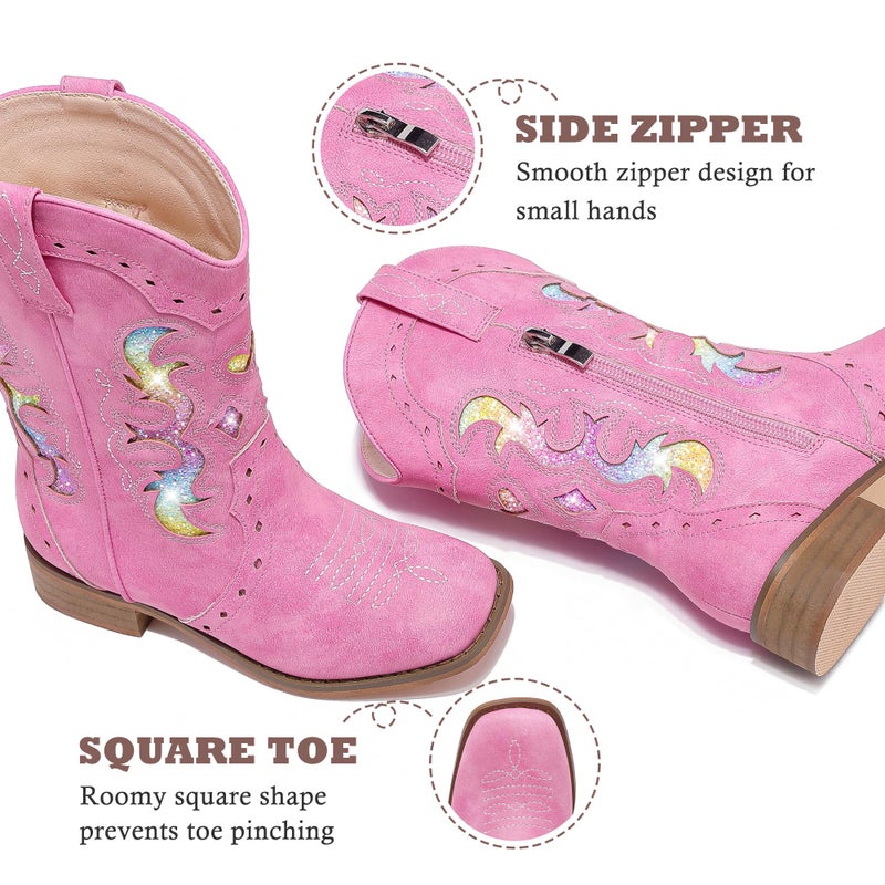 LAURMOSA Girls Cowgirl Boots Pink for Kids Dress Sparkly Little Girls Zipper Cowgirl Boots Size 1 Square Toe Kids Old West Cowboy Horse Riding Shoes Cowboy Party(L1050FuchsiaRainbow 1) - Image 4