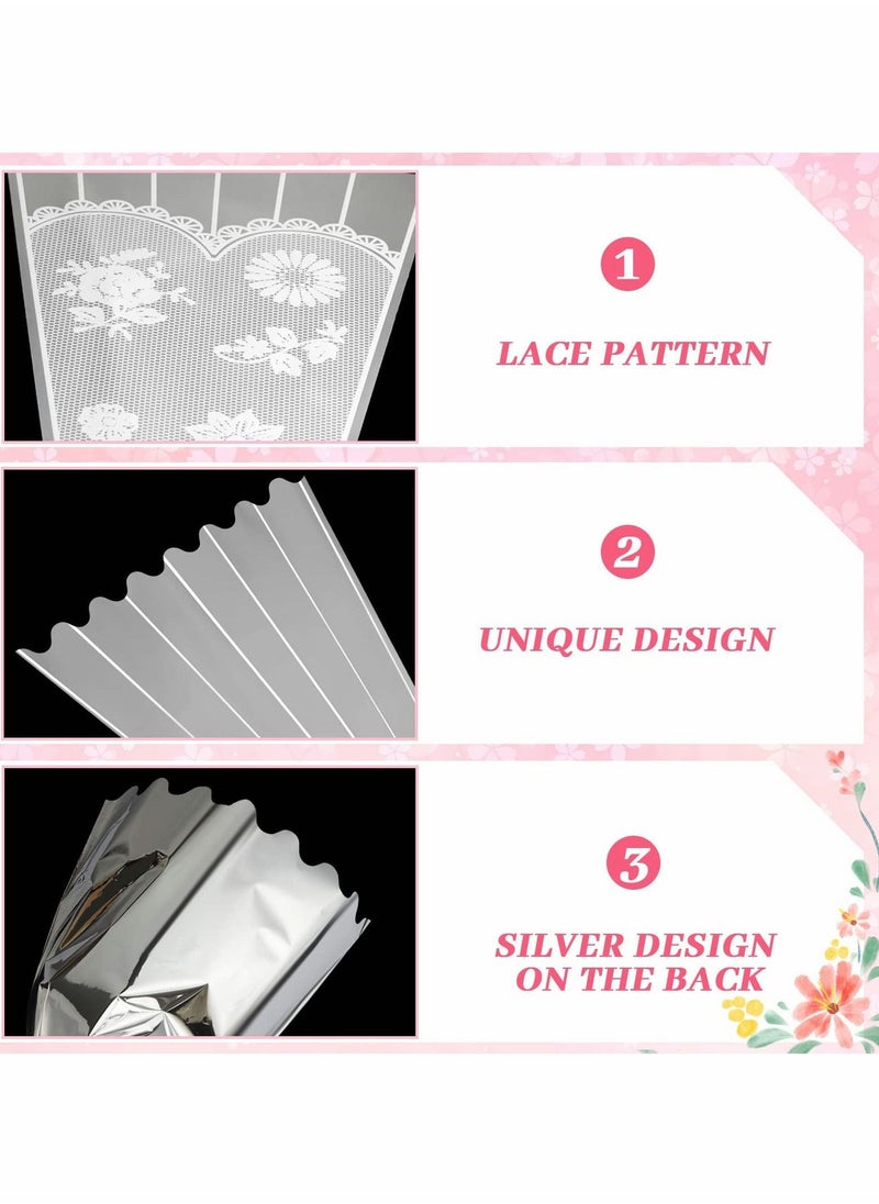 أكياس تغليف باقة الزهور البلاستيكية الشفافة مع شريط وزخرفة دانتيل، أكياس تغليف باقة الزهور القابلة للتصرف، 100 قطعة للزفاف، عيد الميلاد - Image 2