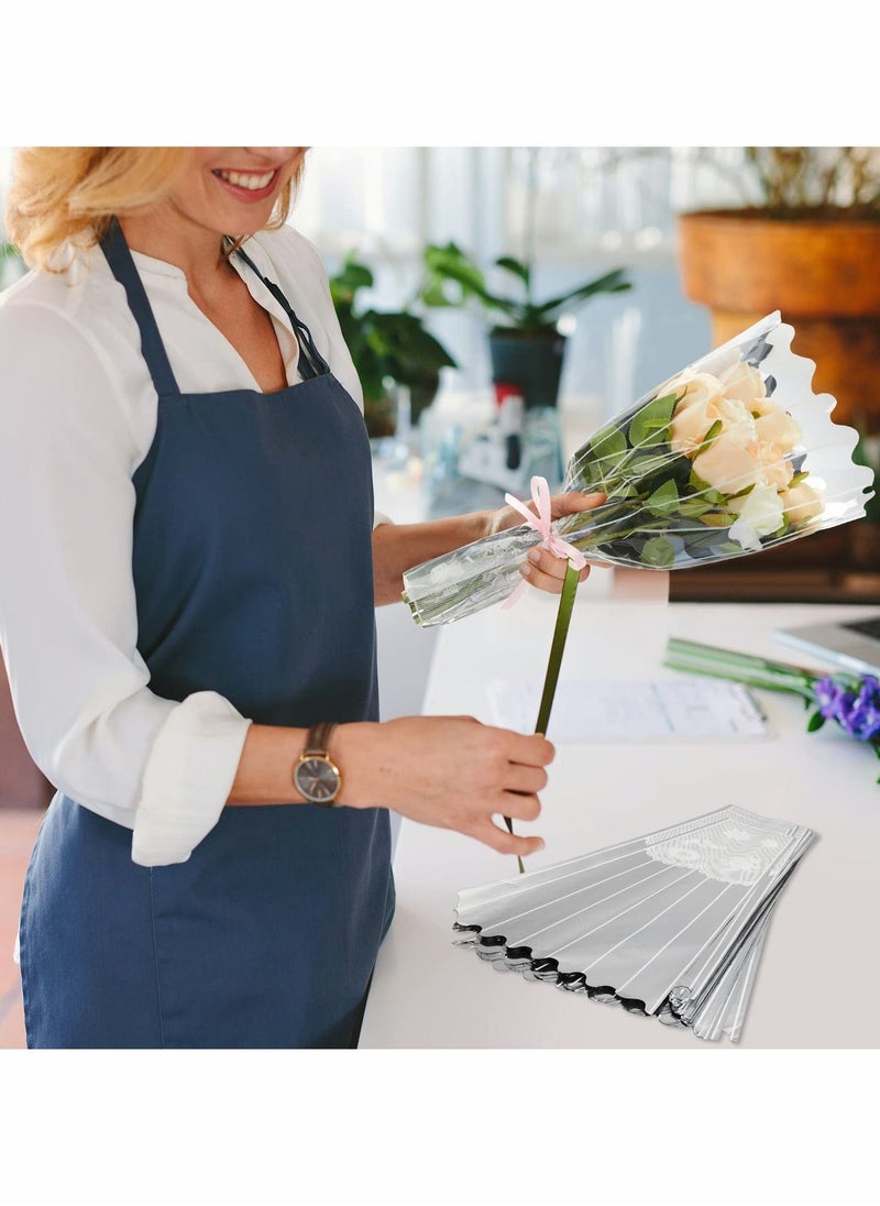 أكياس تغليف باقة الزهور البلاستيكية الشفافة مع شريط وزخرفة دانتيل، أكياس تغليف باقة الزهور القابلة للتصرف، 100 قطعة للزفاف، عيد الميلاد - Image 4