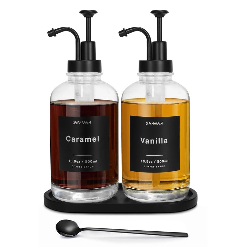 Glass Coffee Dispenser  169oz Black Scoop 36 Labels Bamboo Tray  Pump 2Pack