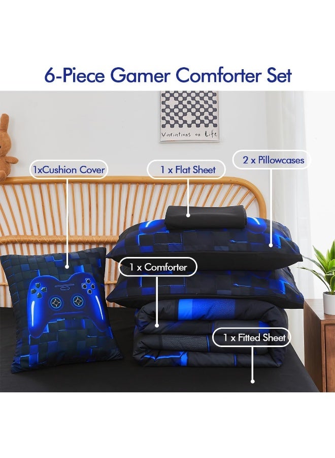 PERFEMET 6 Pieces Kids Game Comforter Set Full Size Blue Gamer Bedding Set for Boys Teen 3D Cool Black Video Gaming Bed in A Bag with Sheets  - Image 3