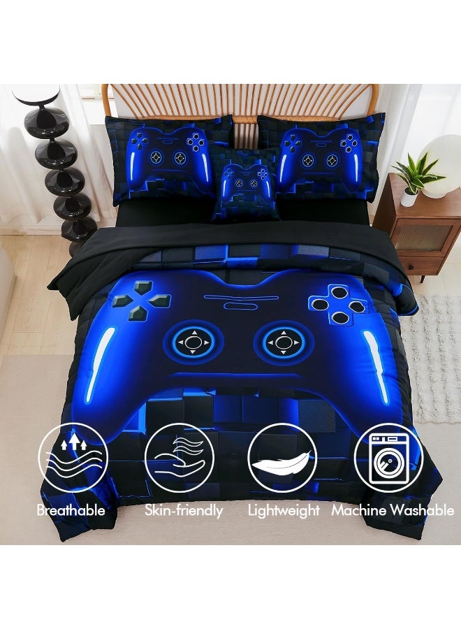 PERFEMET 6 Pieces Kids Game Comforter Set Full Size Blue Gamer Bedding Set for Boys Teen 3D Cool Black Video Gaming Bed in A Bag with Sheets  - Image 4