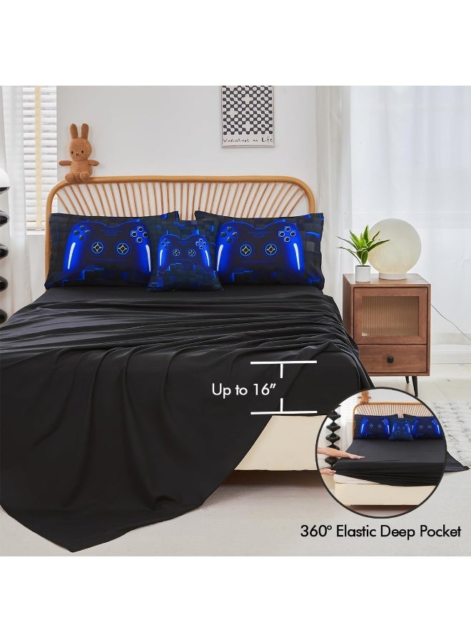 PERFEMET 6 Pieces Kids Game Comforter Set Full Size Blue Gamer Bedding Set for Boys Teen 3D Cool Black Video Gaming Bed in A Bag with Sheets  - Image 5