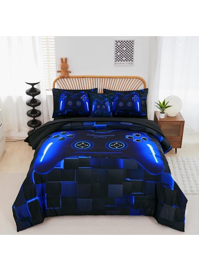 PERFEMET 6 Pieces Kids Game Comforter Set Full Size Blue Gamer Bedding Set for Boys Teen 3D Cool Black Video Gaming Bed in A Bag with Sheets  - Image 1